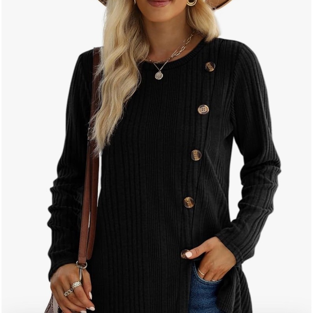 Womens Black Ribbed Knit Long Sleeve Top Asymmetrical Button Accent Boho Large